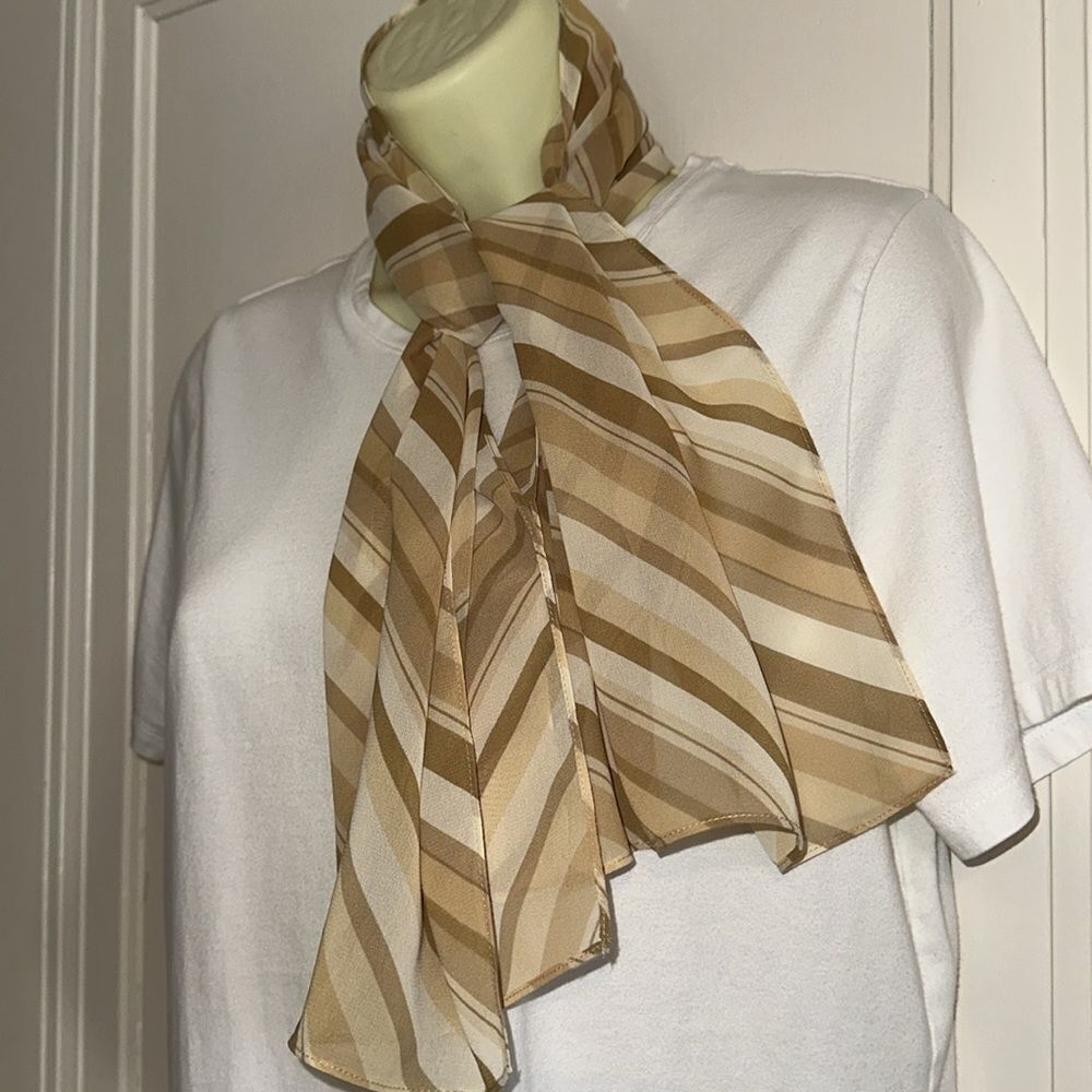 Vintage semi sheer polyester cream, tan & brown diagonally striped long scarf